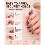 Nude‑Grey Wine‑Red French Almond Press‑On Nails, Sweet Cool False Nails with 3D White Bow & Red Heart Rhinestones